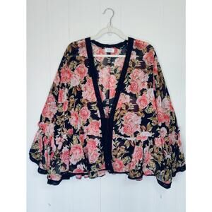 Sheer Floral Chiffon Kimono Jacket Tie Front Ruffle Boho Romantic Festival Fairy